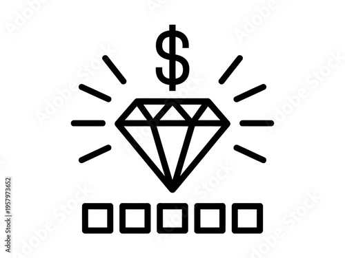 Minimalist diamond icon with dollar sign and five star rating symbol for financial wealth luxury appraisal and premium business services