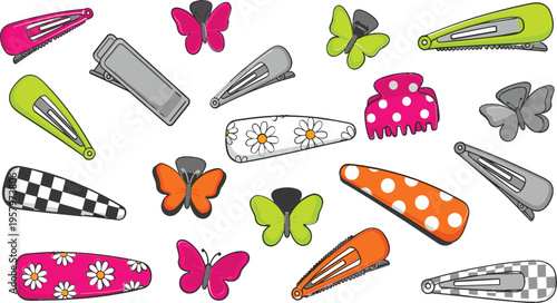 Colorful Y2K Style Hair Accessory Set Featuring Butterfly Clips, Patterned Barrettes, and Snap Pins with Daisy, Polka Dot, and Checkered Designs Vector Illustration