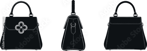 Elegant black leather handbag set with front side and back views, luxury women's purse illustration isolated, classic structured top handle fashion accessory design