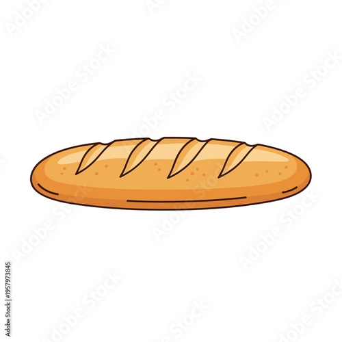 Freshly baked baguette with golden crust and scoring marks on white background, illustration