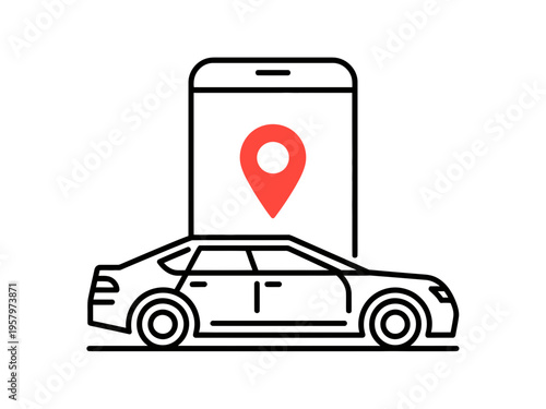 Minimalist vector icon representing ride sharing concept with smartphone device and car outline symbol for modern mobile navigation services