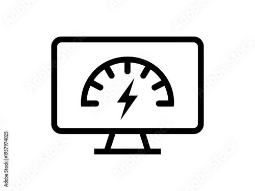 Minimalist computer monitor icon featuring a lightning bolt speed gauge symbol representing high performance technology and digital efficiency