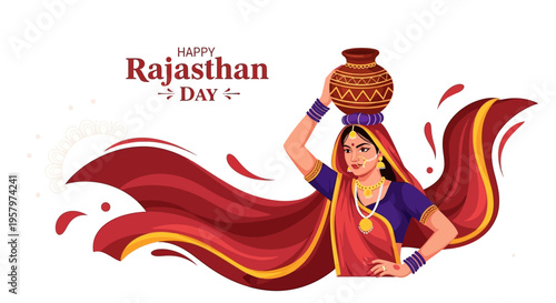 Illustration of a traditional Rajasthani woman in folk dress holding a pot on her head, celebrating Rajasthan Day with vibrant red and yellow attire, against a clean white background.