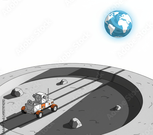 A robotic lunar rover explores a deep moon crater, observed by a distant Earth, symbolizing humanity's scientific ambition and technological reach into space