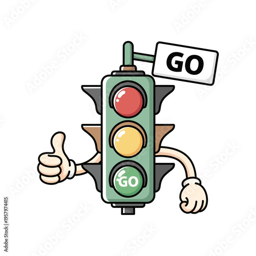 Cartoon Traffic Light Character Giving Thumbs Up with GO Sign