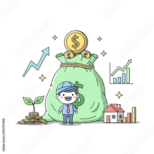Cartoon Businessman with Money Bag, Growing Investment and Financial Success