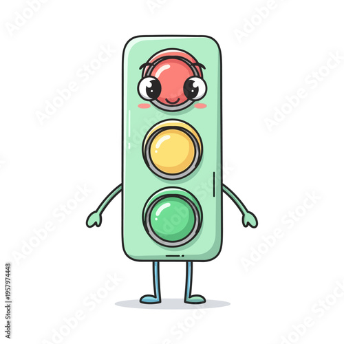 Cute cartoon traffic light character with happy face and arms, standing