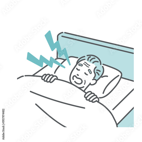 ベッドで大きないびきをかいて寝ているシニア男性のイラスト（睡眠時無呼吸症候群・SAS）