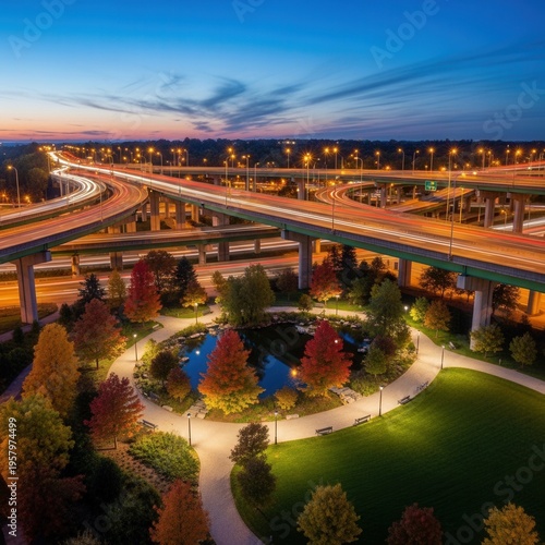 Vibrant Cityscape Crossroads Illuminated At Dusk With Autumn Foliage