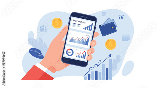 Human hand holding a modern smartphone displaying a financial analytics application with charts and graphs for wealth management.