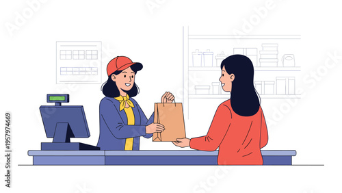 Friendly shop assistant handing a brown paper shopping bag to a female customer at a checkout counter with a modern cash register.