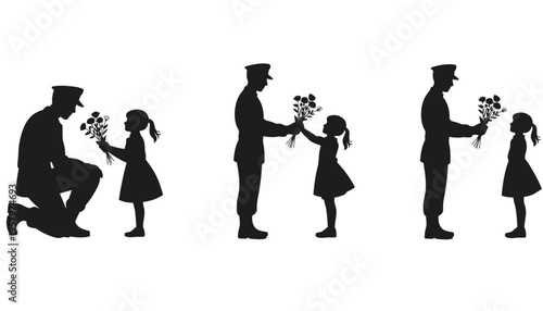 Soldier silhouette giving flowers to little girl in different poses