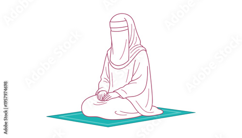 A woman in pink hijab and niqab sitting on a prayer mat