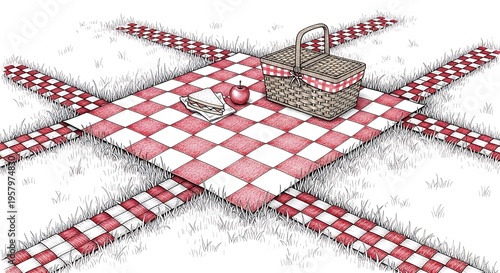 Picnic basket on checkered tablecloth outdoors.