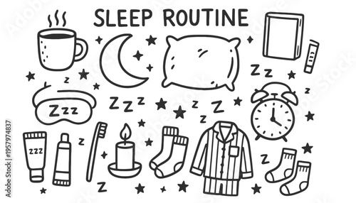 Sleep routine illustration with various bedtime icons and objects