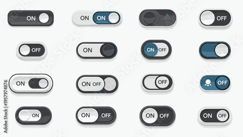 Extensive collection of various user interface toggle switches in different styles and colors, showing on and off states for web design.