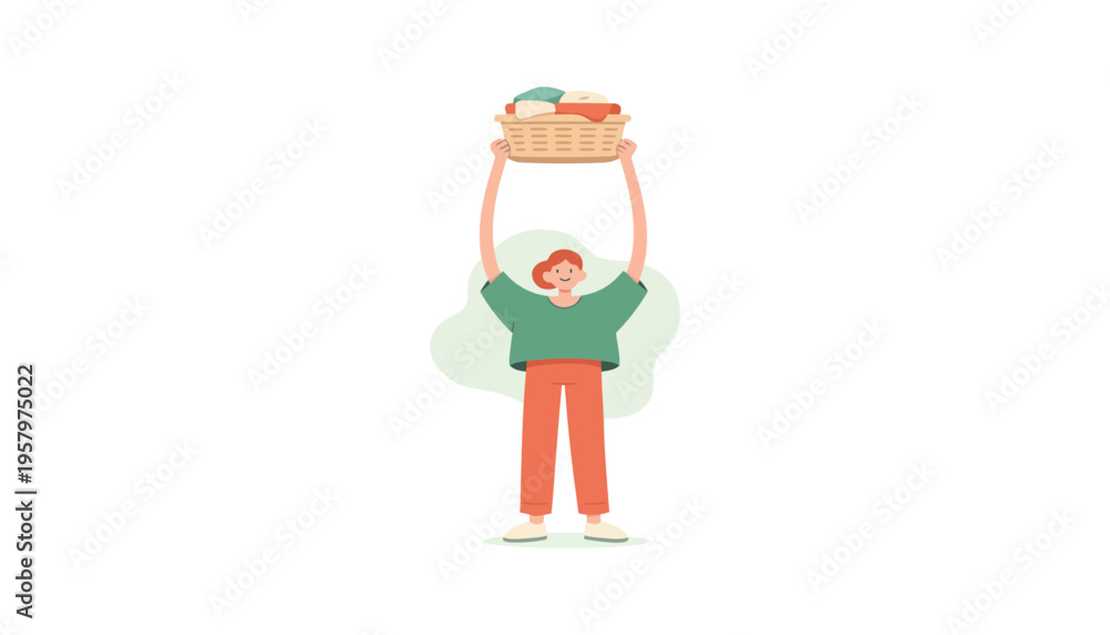 Fototapeta premium A cartoon man holding a wicker basket full of groceries above his head