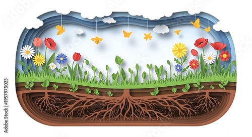 Soil Cross Section with Flowers and Roots.