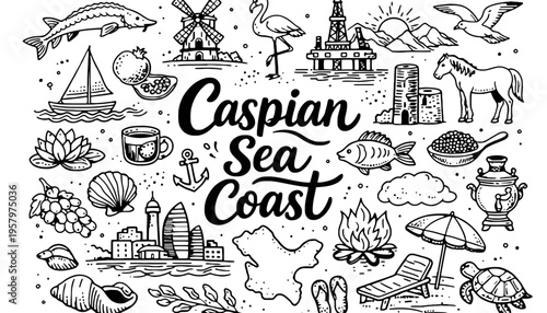 Caspian Sea Coast illustration with various icons and objects