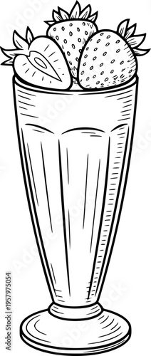 Hand Drawn of a Tall Glass Filled with Strawberries and a Strawberry Milkshake drink