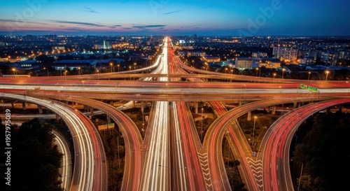 Vibrant Cityscape Highway Interchange At Dusk With Streaking Light Trails