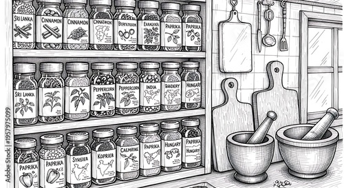 Spices and Herbs in Kitchen Setting.