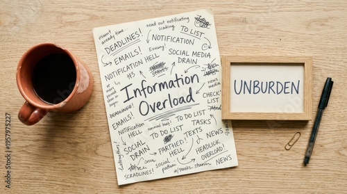 A handwritten note titled Information Overload, surrounded by related words like emails, deadlines, and social media, on a light wood grain surface.