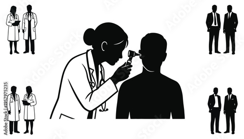 Doctor examining a patient with an otoscope in a medical setting