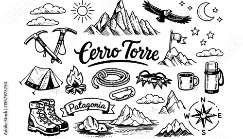 Cerro Torre mountain vector illustration with Patagonia camping and climbing icons