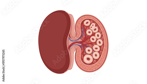 A kidney illustration showing internal anatomy in detail with a cut section