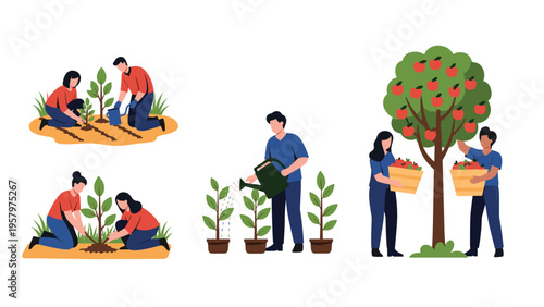 Various scenes of people engaged in gardening activities such as planting saplings, watering plants, and picking apples from a tree.