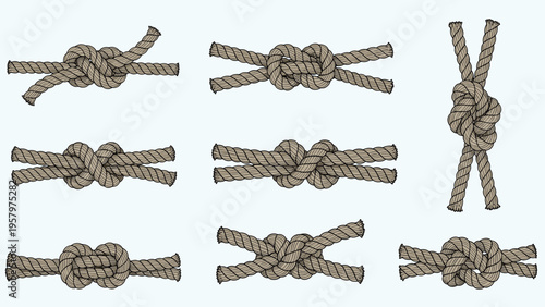 Detailed set of various functional rope knots including reef, bowline, and figure-eight knots for nautical and decorative purposes.