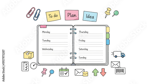 A colorful illustration of a planner surrounded by office supplies and reminders