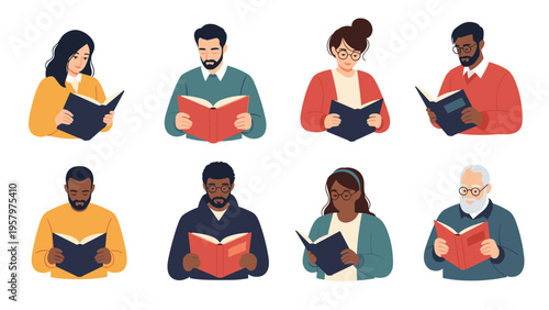 Portraits of various diverse people sitting and deeply absorbed in reading their favorite books with different facial expressions.