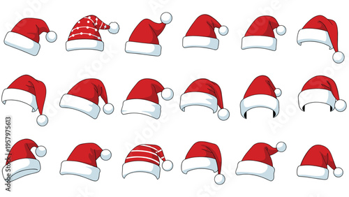 Large set of red and white santa claus hats with various shapes and patterns isolated on a plain white background for christmas holiday.
