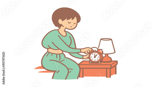 Woman in green pajamas turning off alarm clock on bedside table