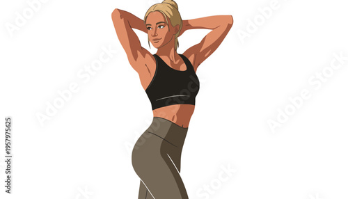 A fit woman in athletic wear doing a stretching exercise outdoors