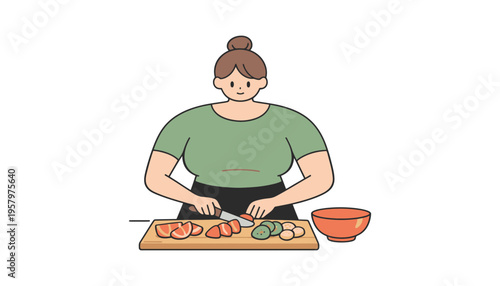 Woman preparing healthy food in a kitchen with a cutting board