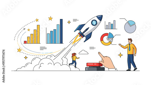 Business startup concept with rocket launching upwards surrounded by various financial charts graphs and statistics being analyzed by people.