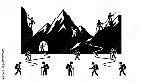 Mountain climber silhouette illustration with hikers and trekking poles