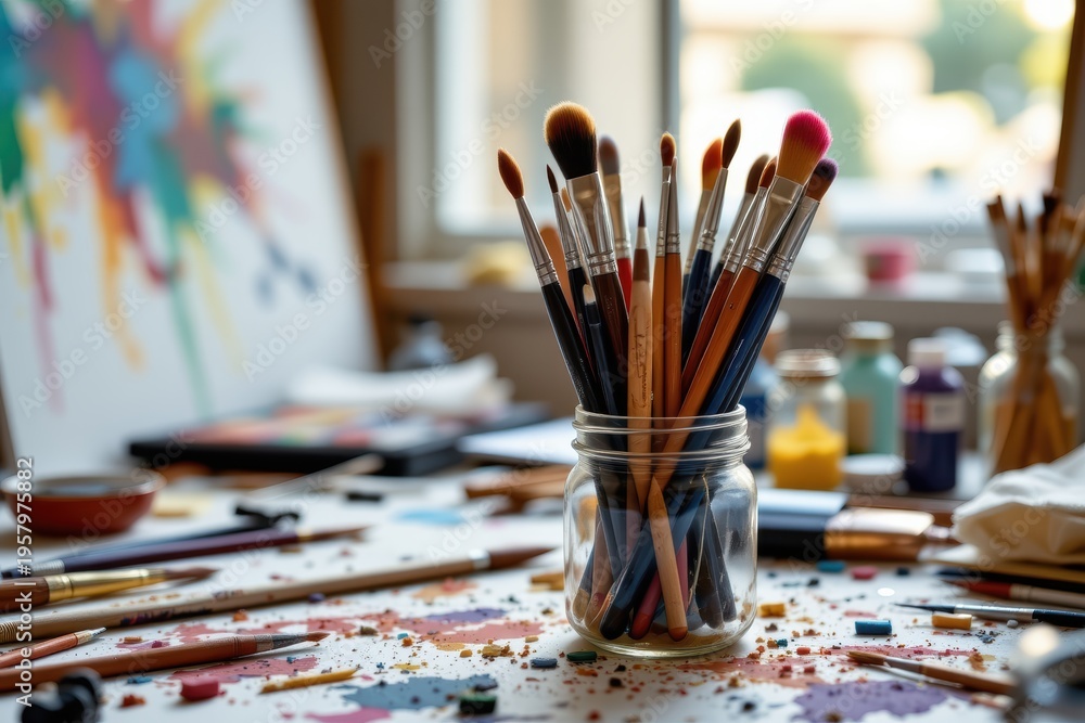 Fototapeta premium A jar filled with paintbrushes on a cluttered table next to a colorful painting canvas.