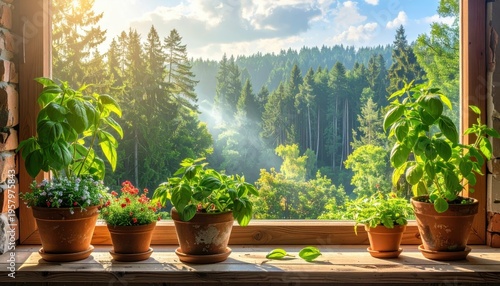 Sunlight streams through a window, illuminating potted plants with a lush forest view in the background.