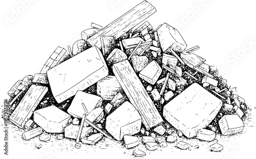 Pile of broken concrete blocks and wooden planks debris after demolition or construction