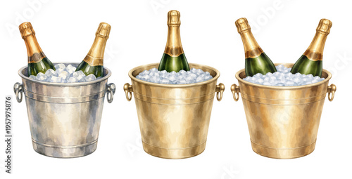 A beautiful collection of watercolor champagne bucket illustrations featuring elegant ice buckets with chilled bottles in silver and gold party styles.
