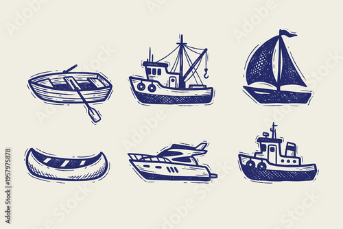 Hand-Drawn Nautical Boat and Ship Illustration Set