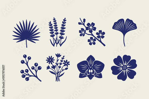 Set of Dark Blue Minimalist Botanical and Floral Silhouettes