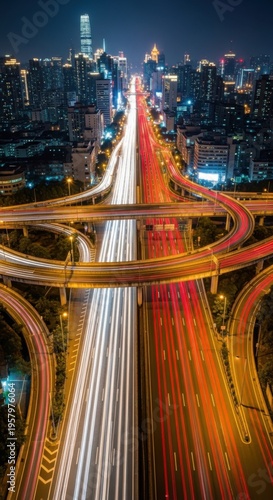 Vibrant Cityscape Highway Traffic Trails At Night