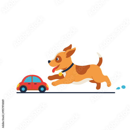 Happy Dog Chasing Red Toy Car Cartoon Illustration