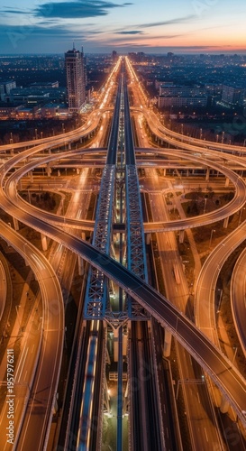 Vibrant Cityscape Illuminated by Expansive Highway Interchanges at Dusk