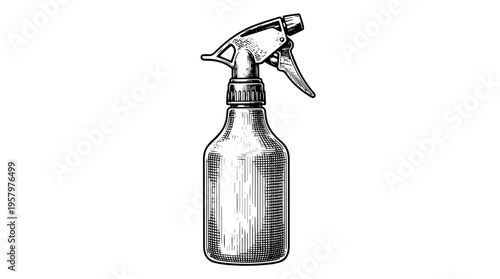 Trigger spray bottle vector engraving style on white isolated background for cleaning product branding design